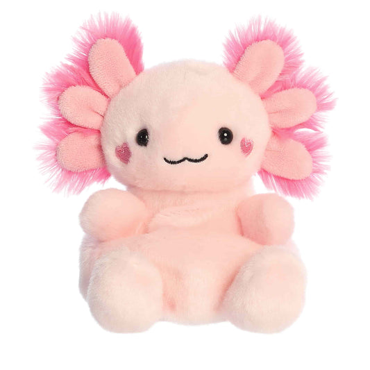 Product view of Aurora Palm Pals Xena Love Axolotl, a pink axolotl plush with fuzzy gills and hearts embroidered on its cheeks.