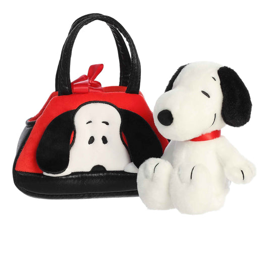 Officially licensed Aurora Peanuts Fancy Pals plush featuring Snoopy peeking out from a red and black plush carrier bag.
