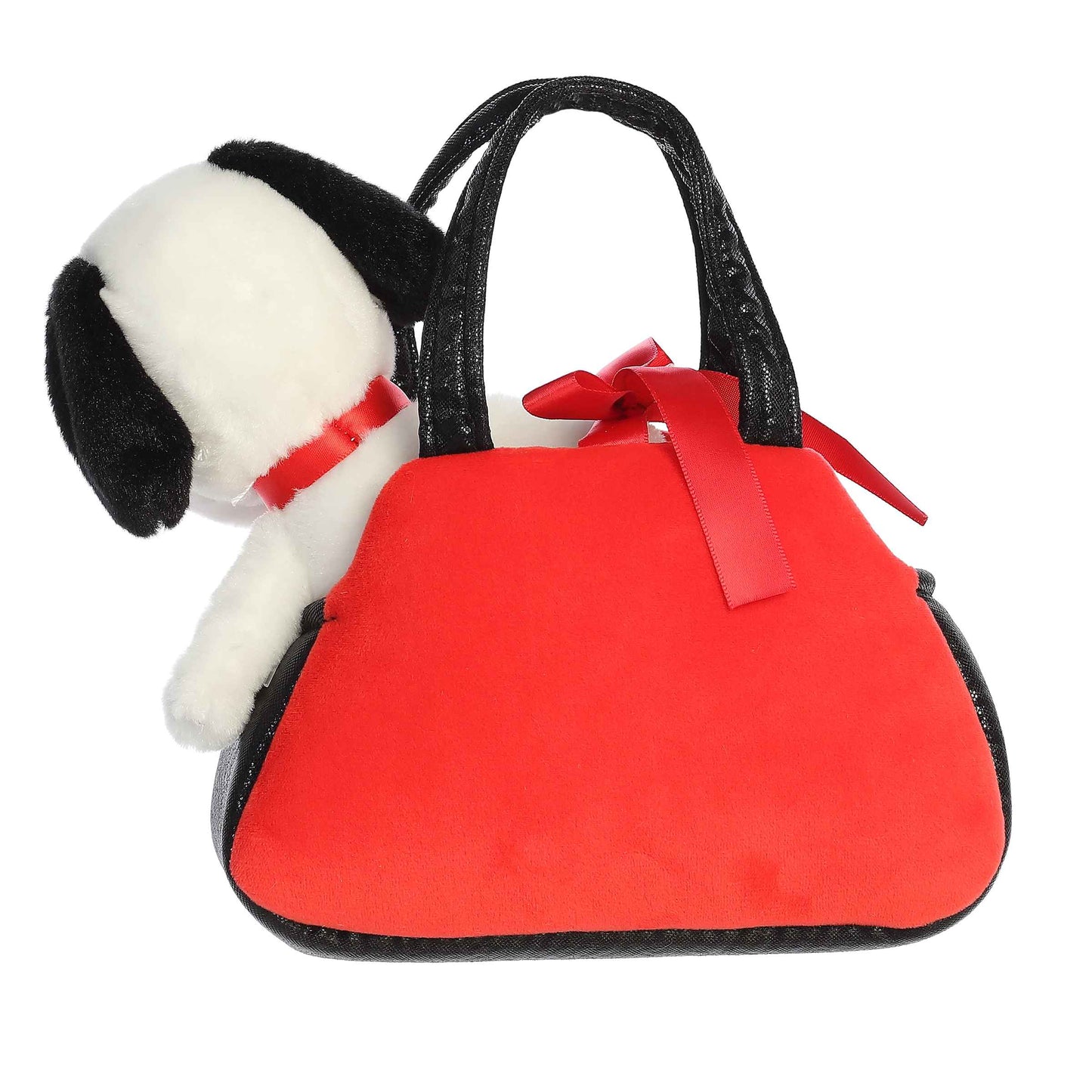 Officially licensed Aurora Peanuts Fancy Pals plush featuring Snoopy peeking out from a red and black plush carrier bag.