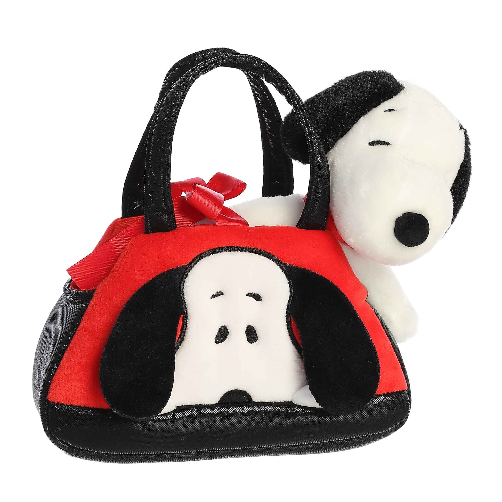 Officially licensed Aurora Peanuts Fancy Pals plush featuring Snoopy peeking out from a red and black plush carrier bag.