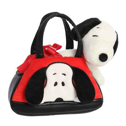 Officially licensed Aurora Peanuts Fancy Pals plush featuring Snoopy peeking out from a red and black plush carrier bag.