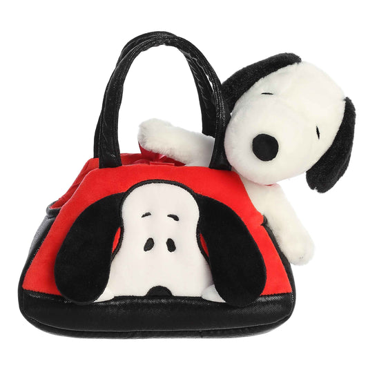 Officially licensed Aurora Peanuts Fancy Pals plush featuring Snoopy peeking out from a red and black plush carrier bag.