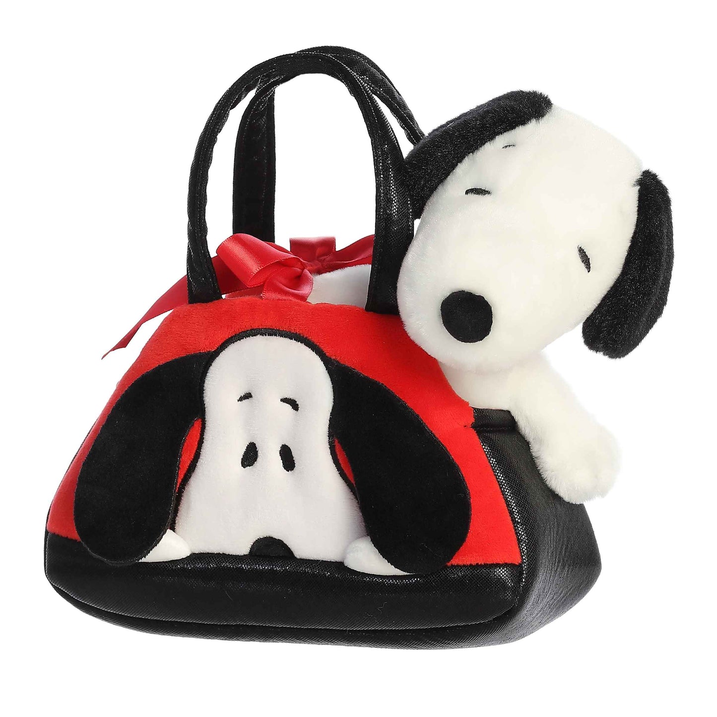 Officially licensed Aurora Peanuts Fancy Pals plush featuring Snoopy peeking out from a red and black plush carrier bag.