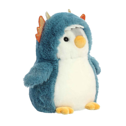 Plush toy penguin with dragon-like features on a white background