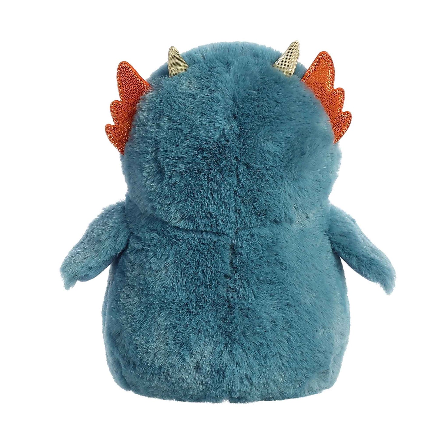Blue plush toy with orange spikes and gold horns on a white background