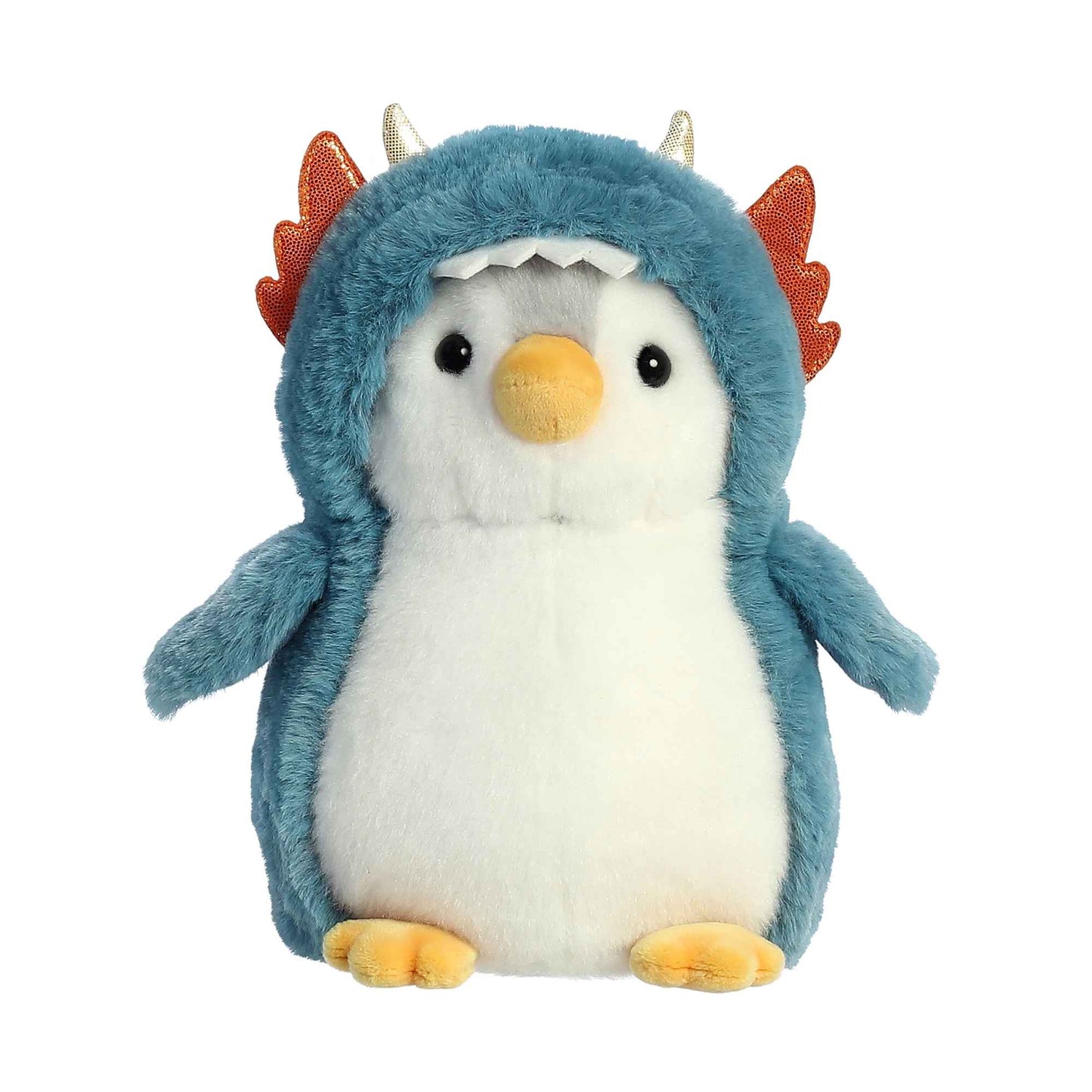 Product view of Aurora Pom Pom Penguin wearing a blue dragon costume hoodie with orange wings and horns.