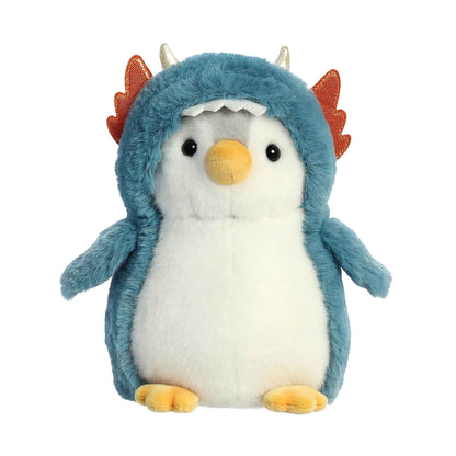 Product view of Aurora Pom Pom Penguin wearing a blue dragon costume hoodie with orange wings and horns.