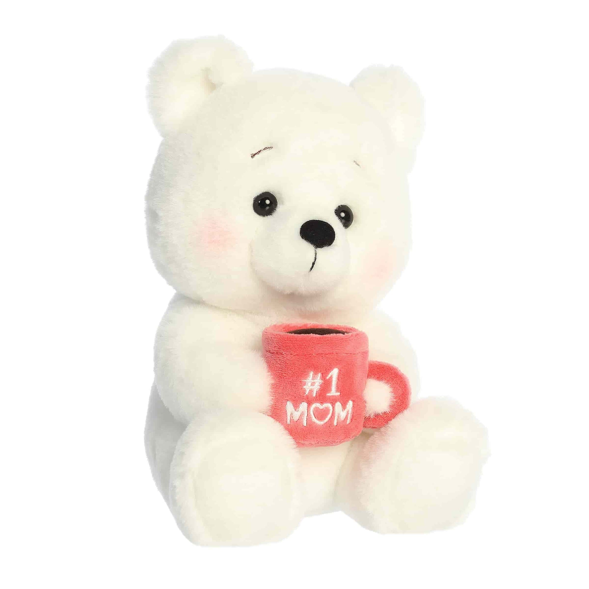 Angled view of Aurora Special Occasions white plush bear holding a red mug that says #1 Mom.