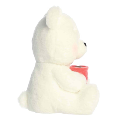 Side view of Aurora Special Occasions white plush bear holding a red mug that says #1 Mom.