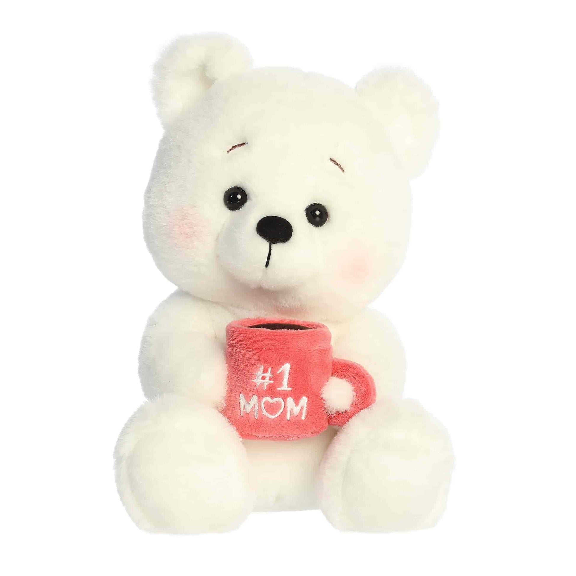 Product view of Aurora Special Occasions white plush bear holding a red mug that says #1 Mom.
