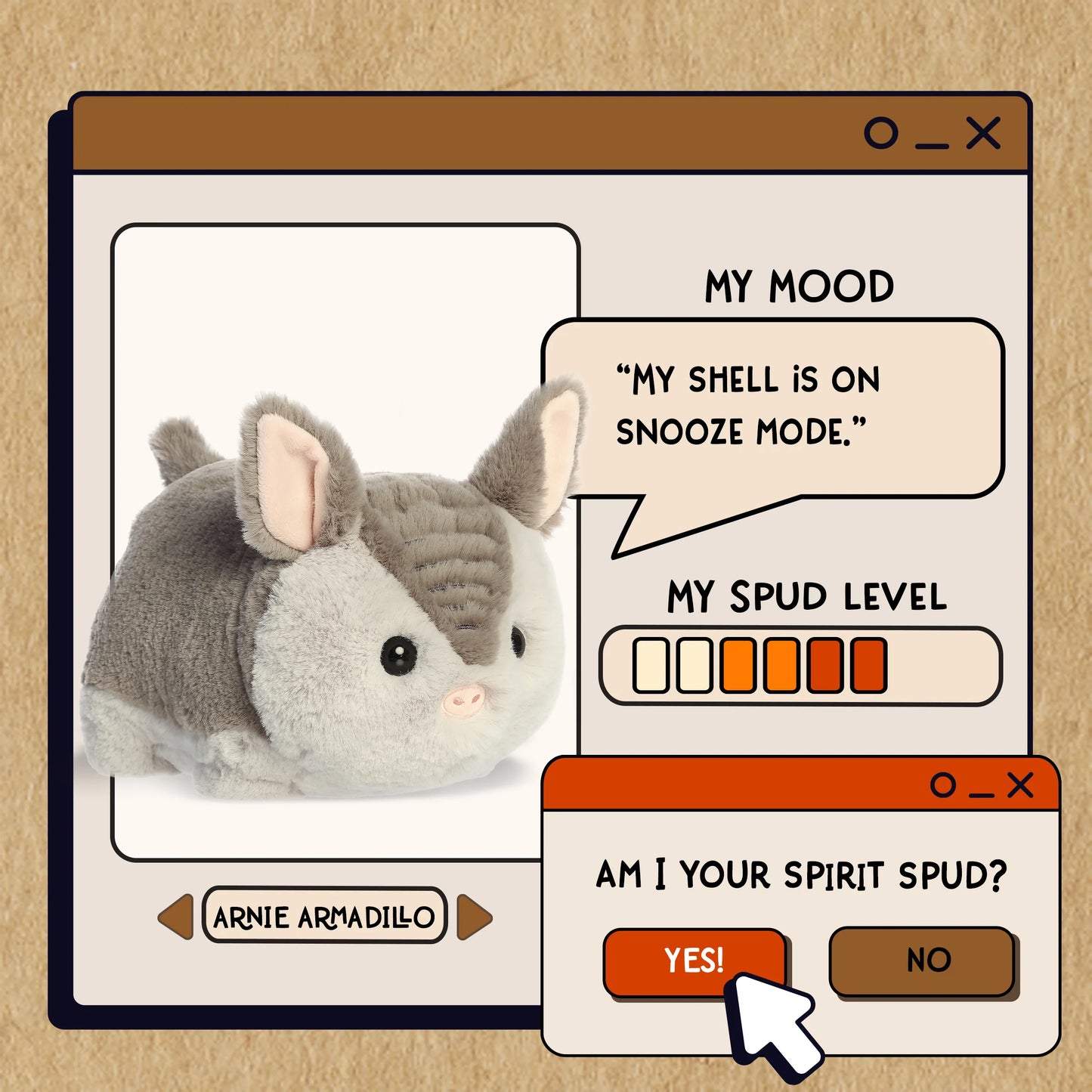 Animated armadillo character with a computer interface on a beige background