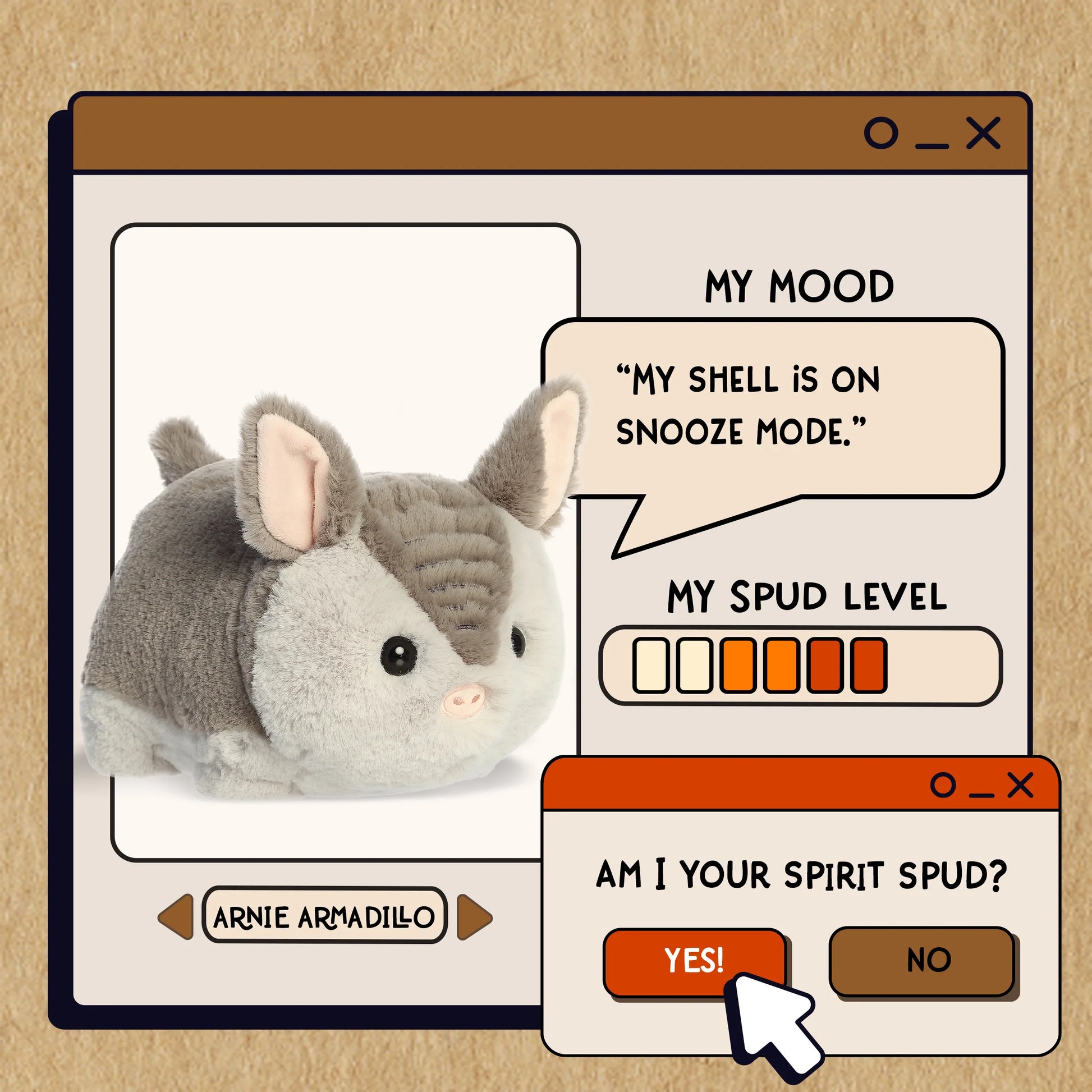 Animated armadillo character with a computer interface on a beige background