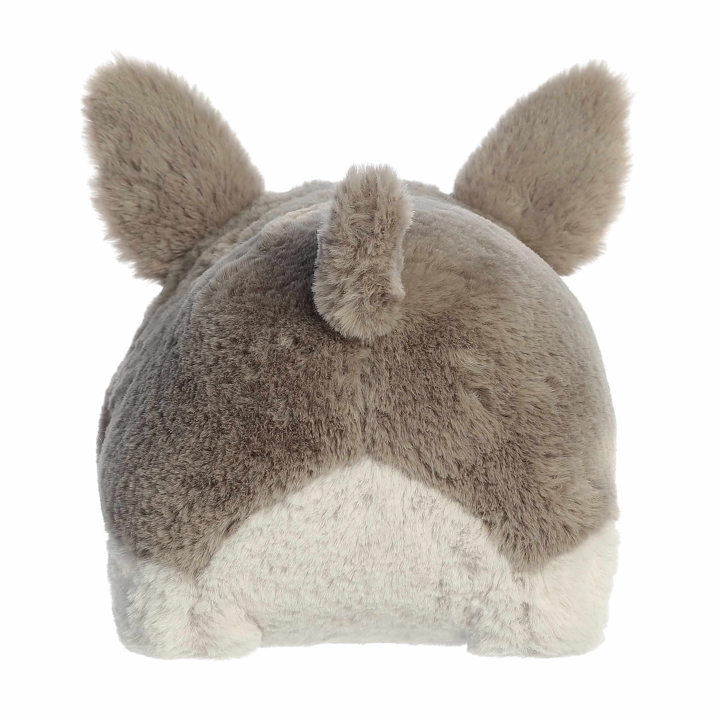 Back view of A product photo of the 10-inch Aurora Spudsters Arnie Armadillo, a grey and white, potato-shaped plush armadillo with a pink nose.
