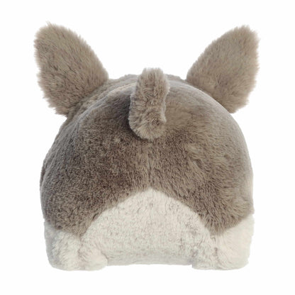 Back view of A product photo of the 10-inch Aurora Spudsters Arnie Armadillo, a grey and white, potato-shaped plush armadillo with a pink nose.