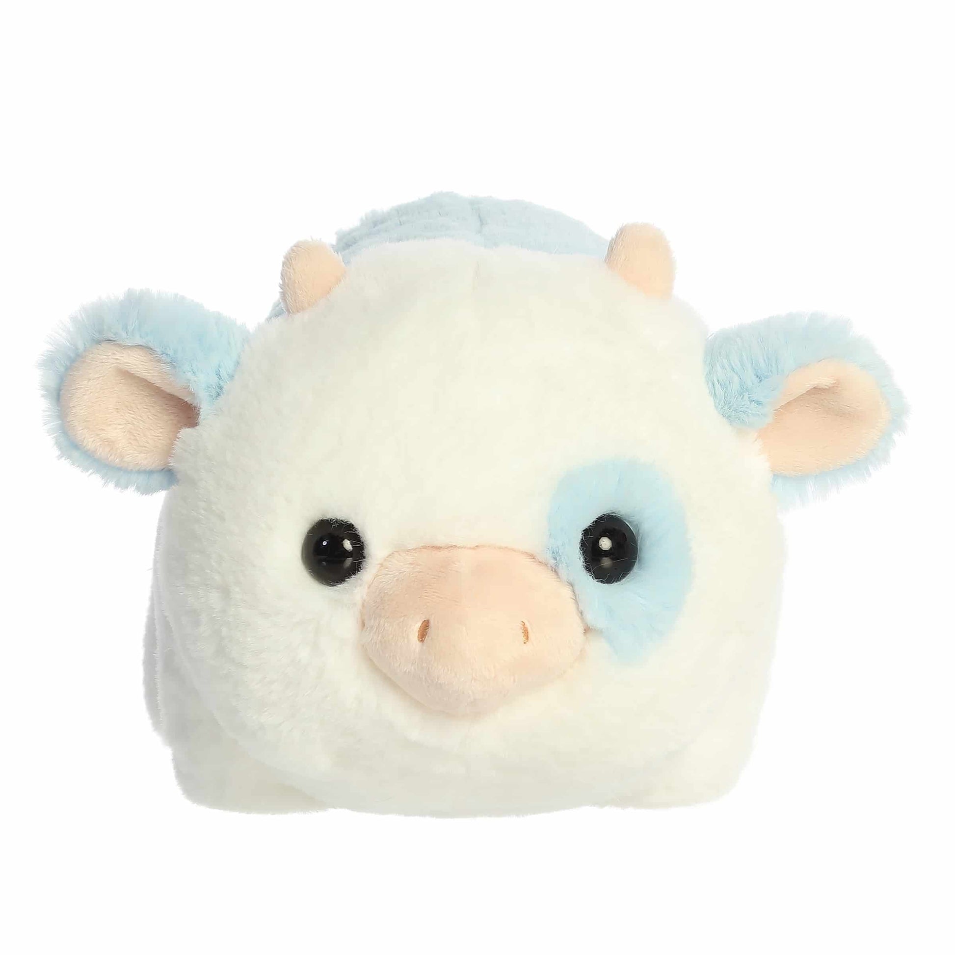 A product photo of the 10-inch Aurora Spudsters Bonnie Blueberry Cow, a white, potato-shaped plush cow with soft blue spots and a pink nose.