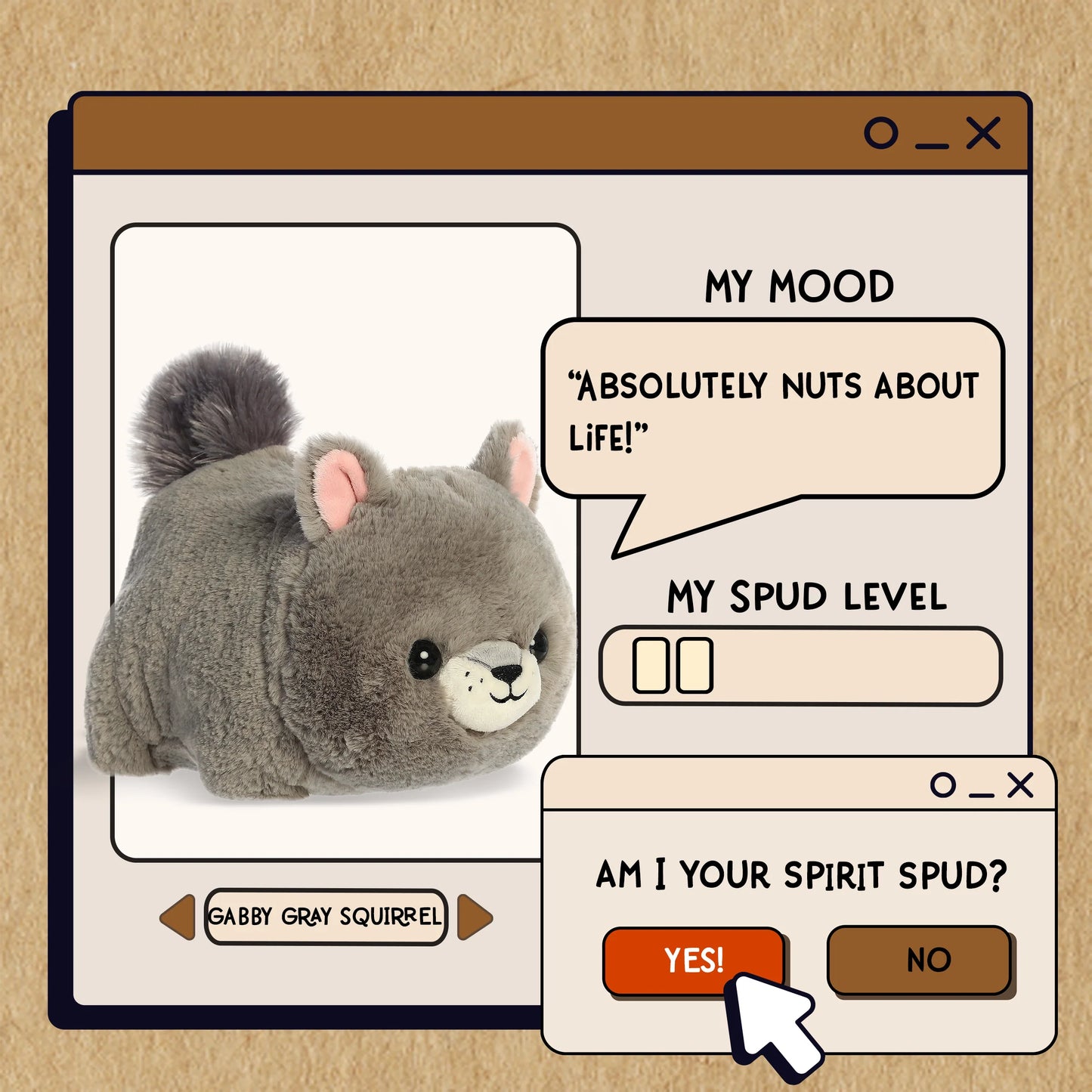 Plush toy resembling a gray squirrel with a digital interface on a beige background