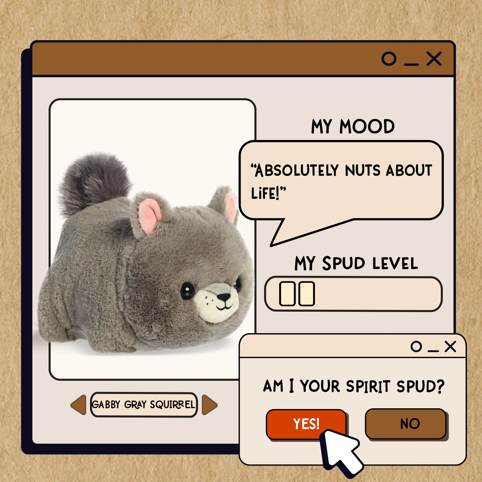 Plush toy resembling a gray squirrel with a digital interface on a beige background
