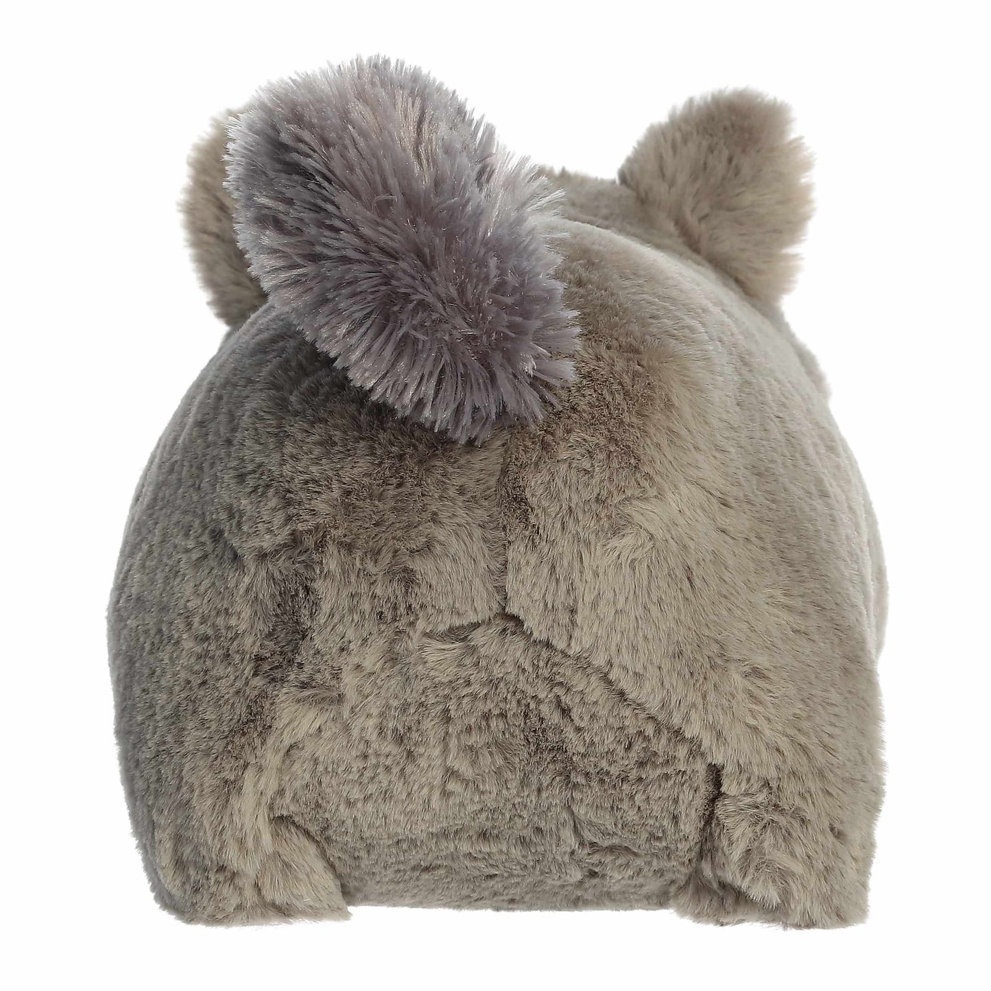 Back view of A product photo of the 10-inch Aurora Spudsters Gabby Gray Squirrel, a gray, potato-shaped plush squirrel with a bushy tail and pink inner ears.
