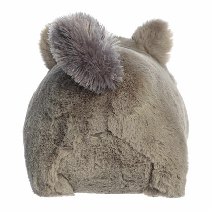 Back view of A product photo of the 10-inch Aurora Spudsters Gabby Gray Squirrel, a gray, potato-shaped plush squirrel with a bushy tail and pink inner ears.