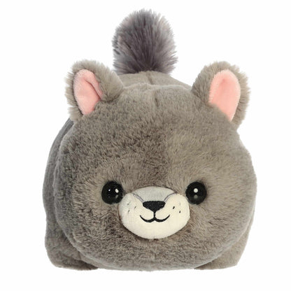 A product photo of the 10-inch Aurora Spudsters Gabby Gray Squirrel, a gray, potato-shaped plush squirrel with a bushy tail and pink inner ears.