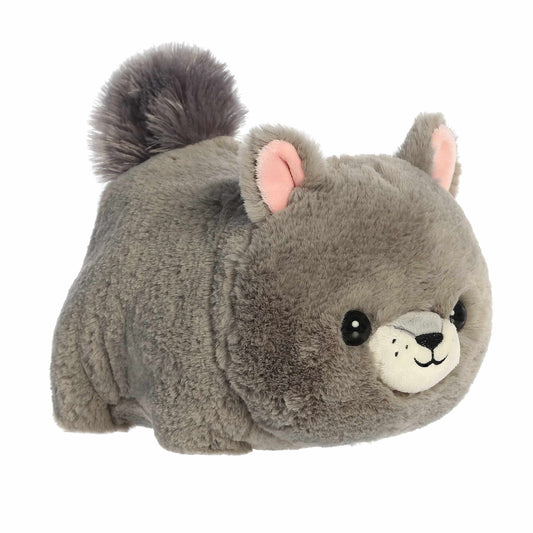 A product photo of the 10-inch Aurora Spudsters Gabby Gray Squirrel, a gray, potato-shaped plush squirrel with a bushy tail and pink inner ears.