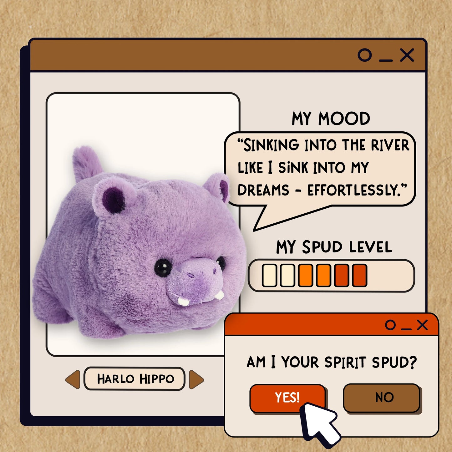 Cartoon purple hippo with text and interface elements on a beige background