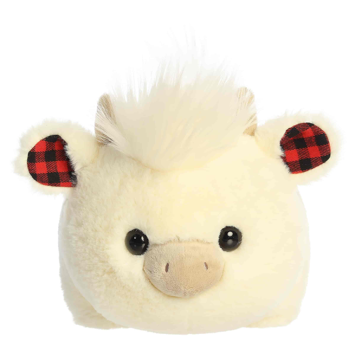 Aurora Spudsters Holly Highland Cow cream plush stuffed toy with festive plaid horns and ears.