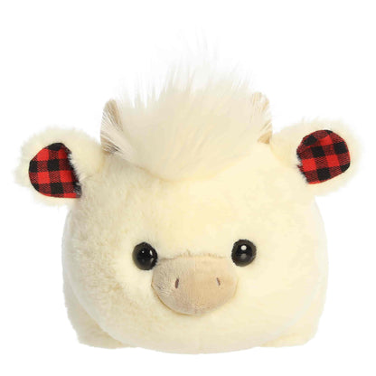 Aurora Spudsters Holly Highland Cow cream plush stuffed toy with festive plaid horns and ears.
