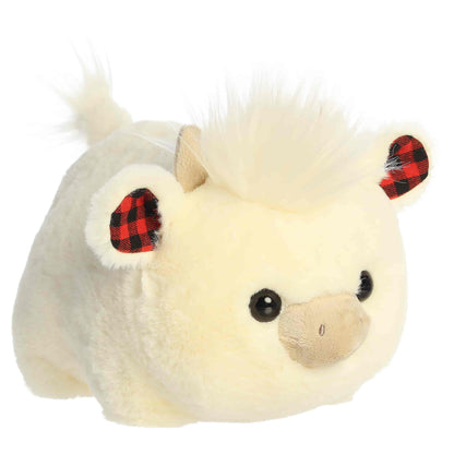 Aurora Spudsters Holly Highland Cow cream plush stuffed toy with festive plaid horns and ears.