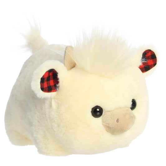 Aurora Spudsters Holly Highland Cow cream plush stuffed toy with festive plaid horns and ears.