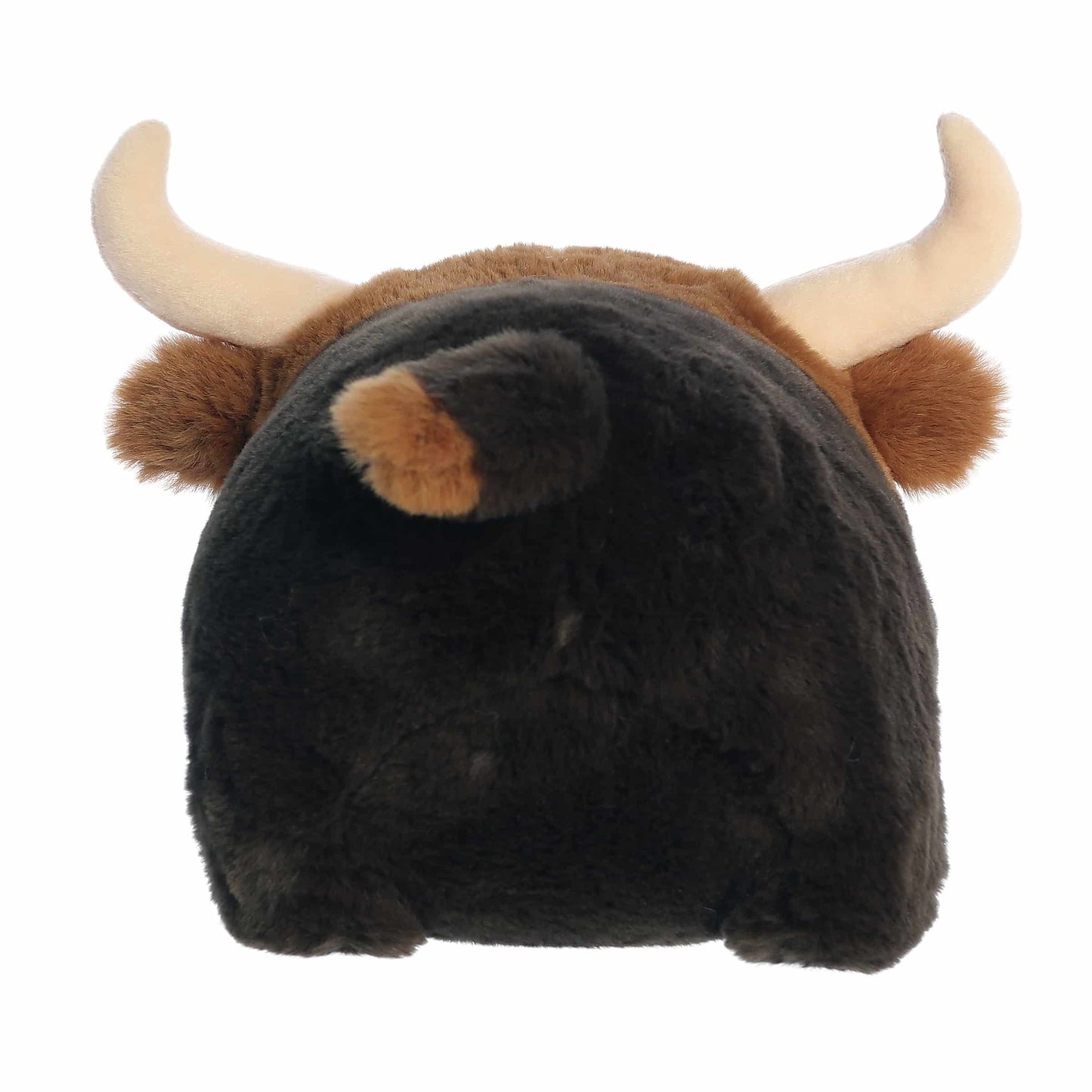 Back view of A product photo of the 10-inch Aurora Spudsters Layton Longhorn Cow, a brown and black, potato-shaped plush cow with large curved horns.