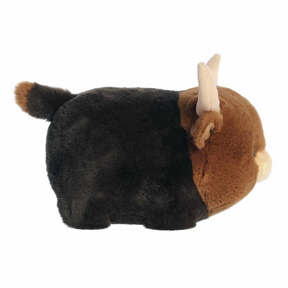 Side view of A product photo of the 10-inch Aurora Spudsters Layton Longhorn Cow, a brown and black, potato-shaped plush cow with large curved horns.