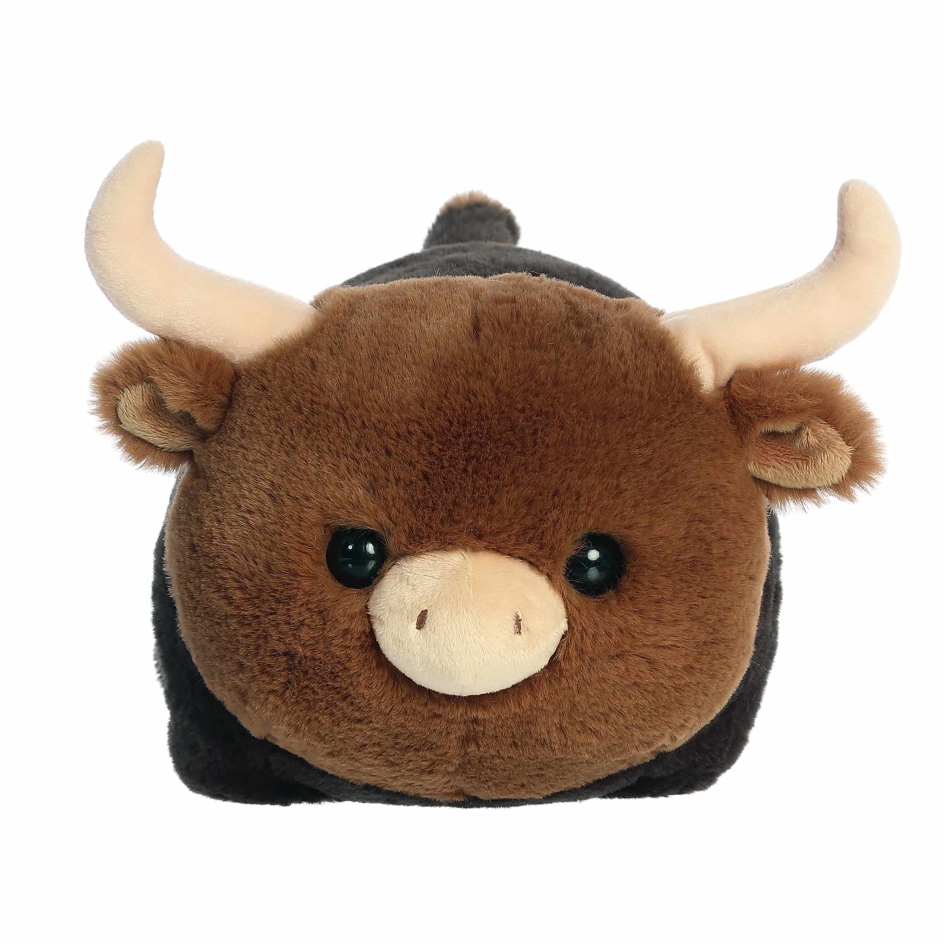A product photo of the 10-inch Aurora Spudsters Layton Longhorn Cow, a brown and black, potato-shaped plush cow with large curved horns.
