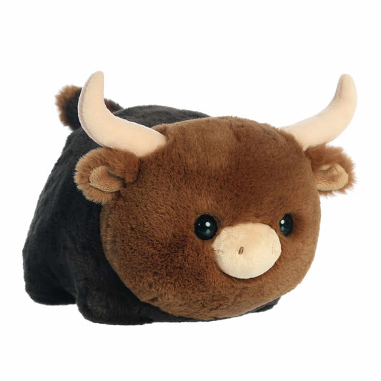 A product photo of the 10-inch Aurora Spudsters Layton Longhorn Cow, a brown and black, potato-shaped plush cow with large curved horns.