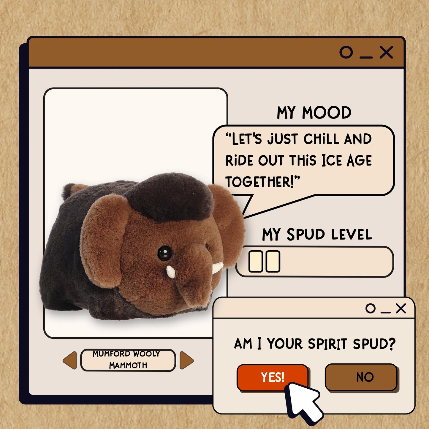 Aurora Spudsters Mumford Wooly Mammoth 10″ plush toy with fuzzy brown fur and soft tusks - Spudometer