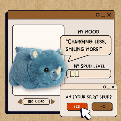 Animated blue rhino plush toy with a computer interface on a beige background