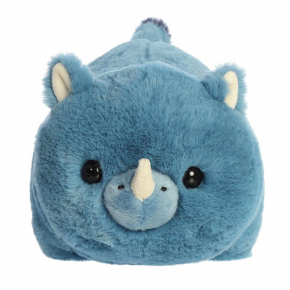A product photo of the 10-inch Aurora Spudsters Rio Rhino, a bold blue, potato-shaped rhino plush with a small white horn.