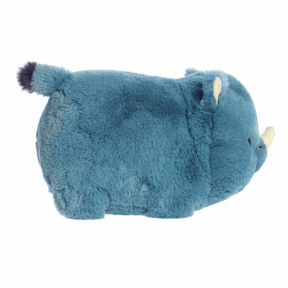 Side view of A product photo of the 10-inch Aurora Spudsters Rio Rhino, a bold blue, potato-shaped rhino plush with a small white horn.
