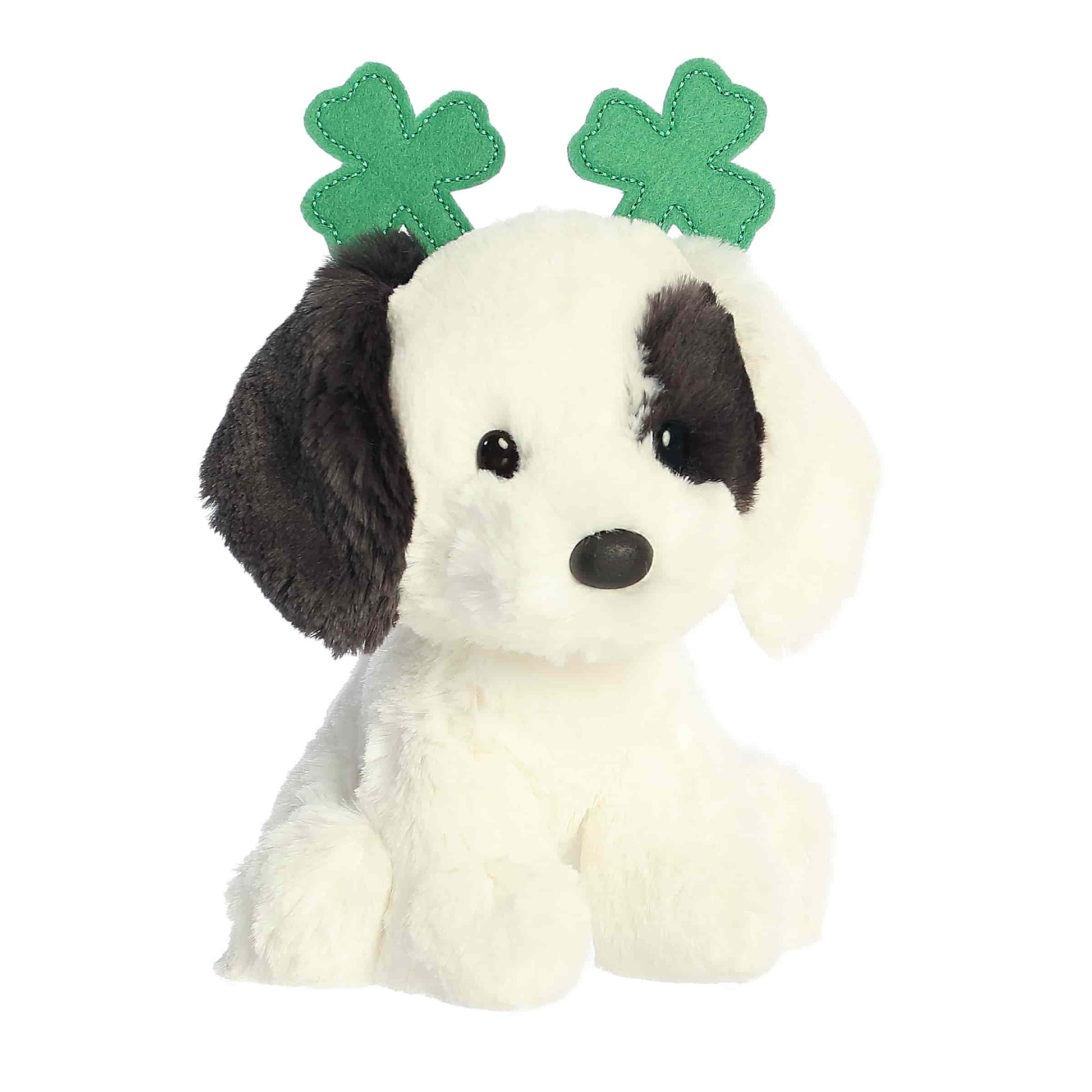 Angled view of Aurora St. Patrick's Day Clover Dog 6-inch plush soft toy