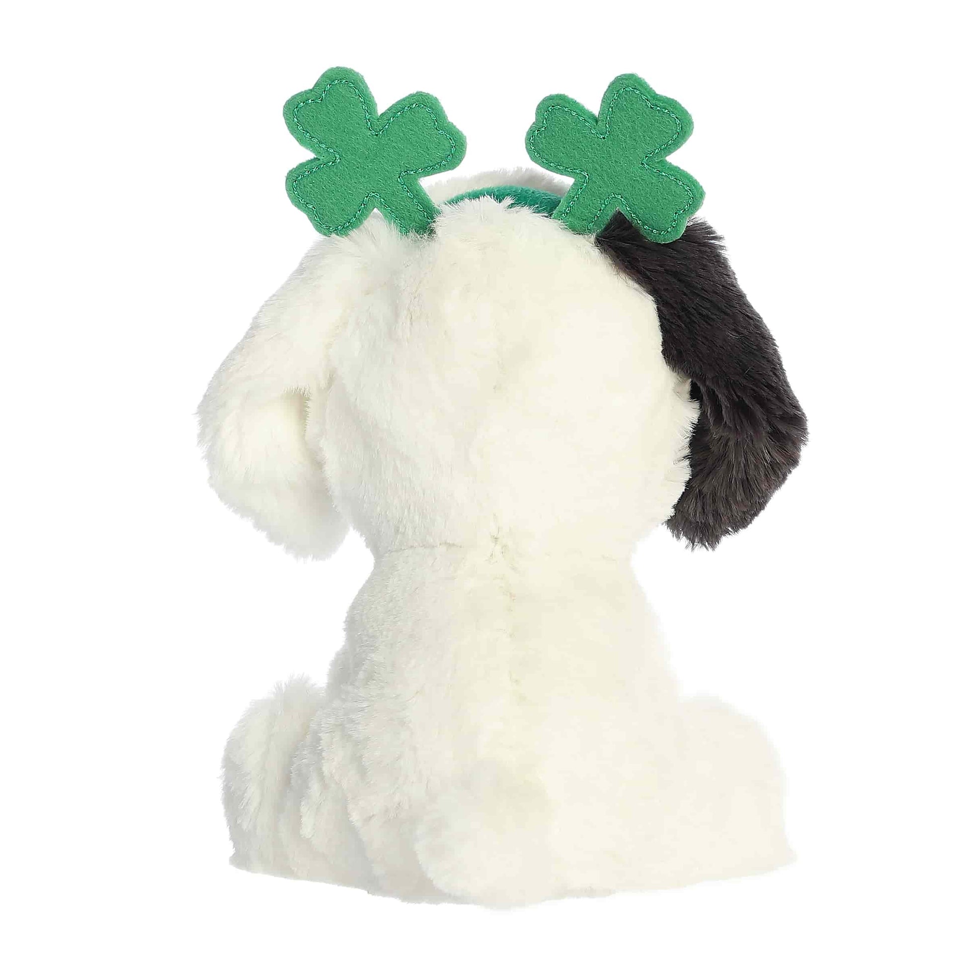 Back view of Aurora St. Patrick's Day Clover Dog 6-inch plush soft toy