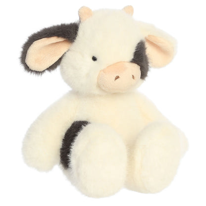 Aurora The Thicket Tales 12-inch Clover Cow plush toy featuring soft eggshell fur, dark spots, and delicate pink ears.