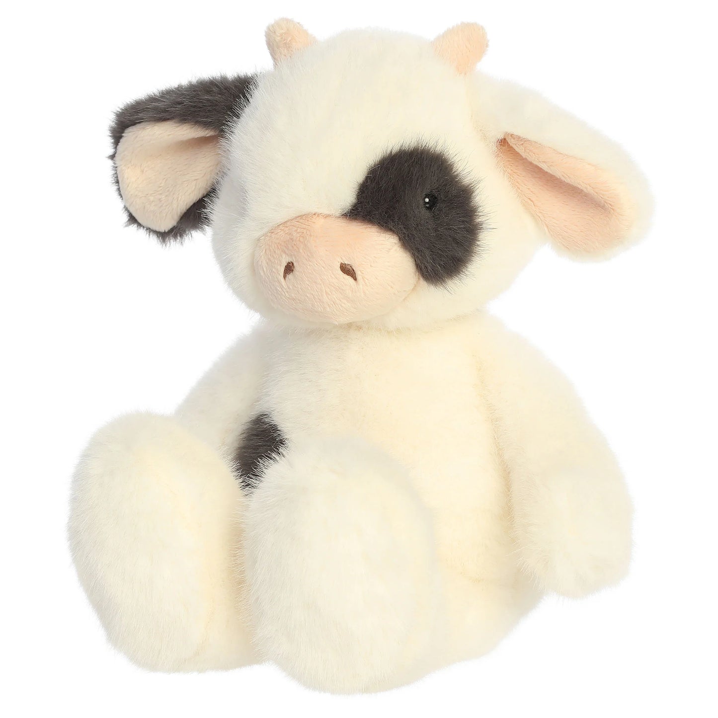 Aurora The Thicket Tales 12-inch Clover Cow plush toy featuring soft eggshell fur, dark spots, and delicate pink ears.
