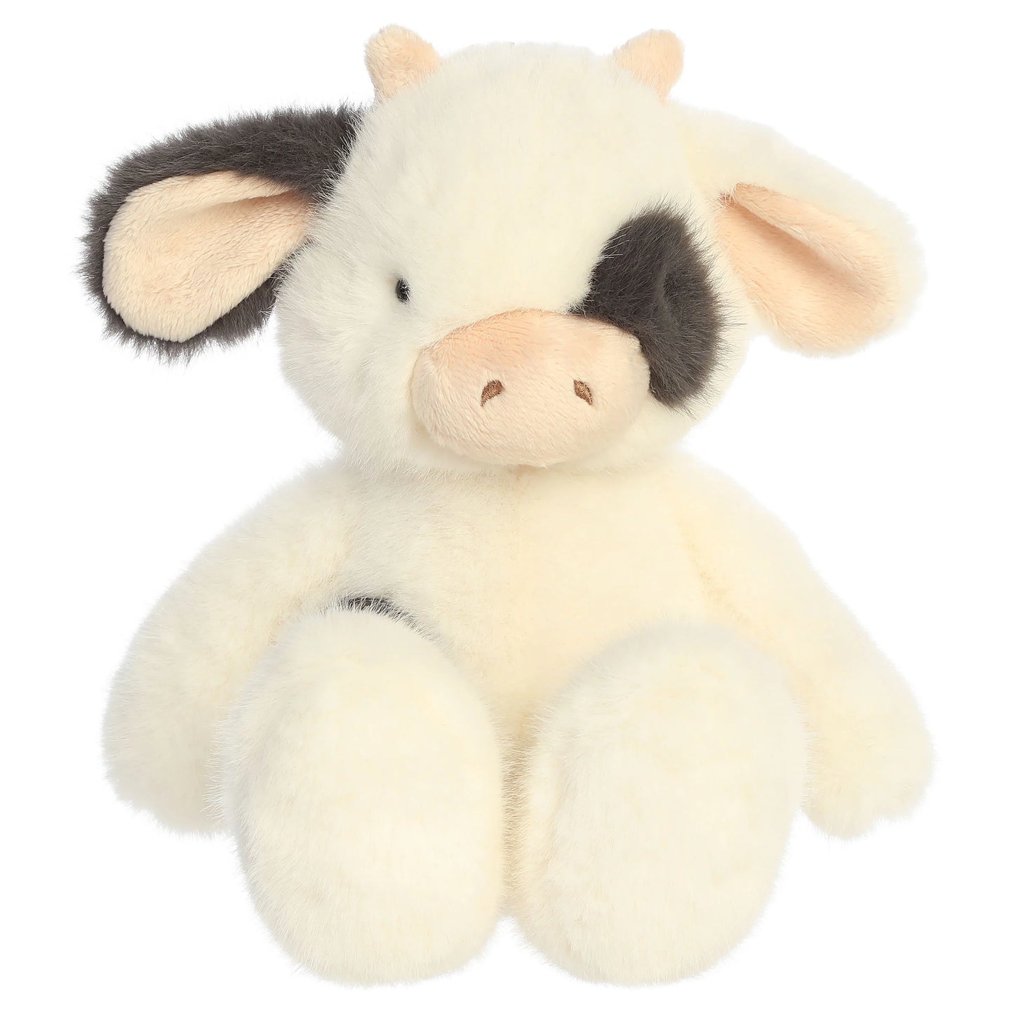 Aurora The Thicket Tales 12-inch Clover Cow plush toy featuring soft eggshell fur, dark spots, and delicate pink ears.