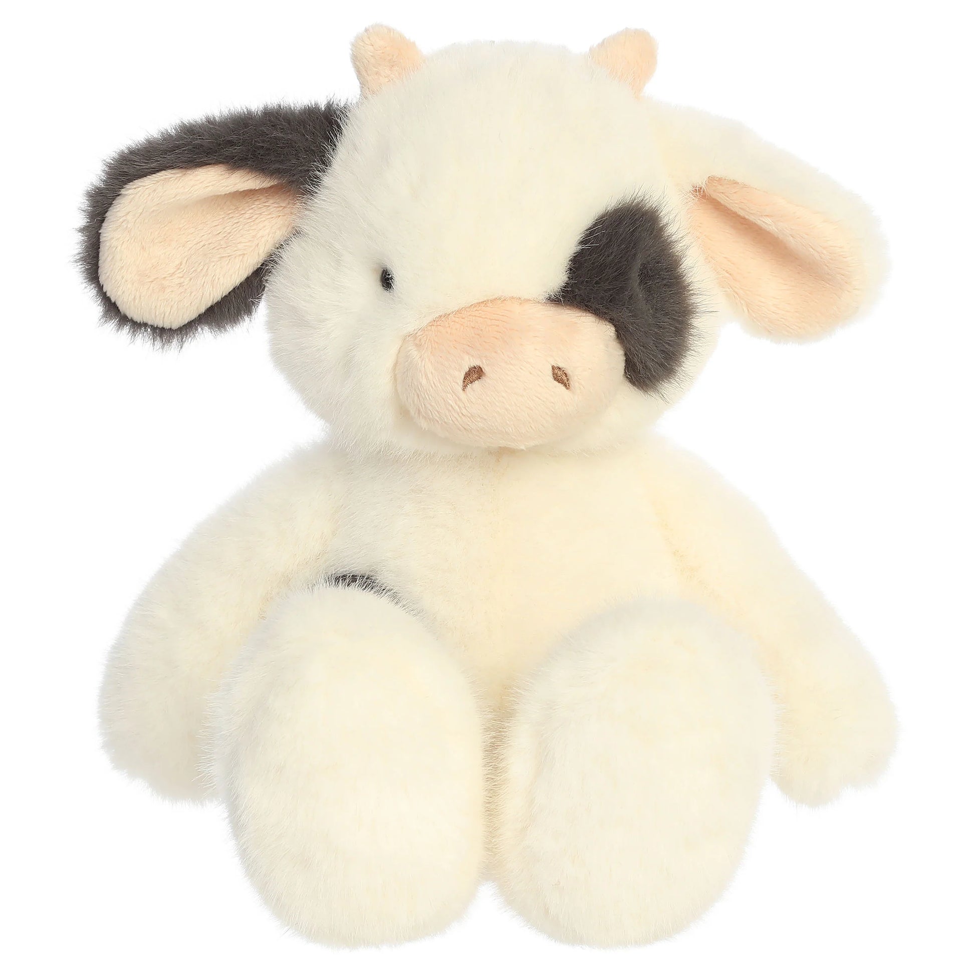 Aurora The Thicket Tales 12-inch Clover Cow plush toy featuring soft eggshell fur, dark spots, and delicate pink ears.