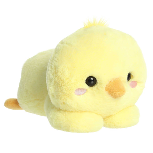 A product photo of the 12-inch Aurora Too Cute Daffodil Chick plush, a soft yellow chick, shown lying belly-down with its paws sprawled out on a white background.