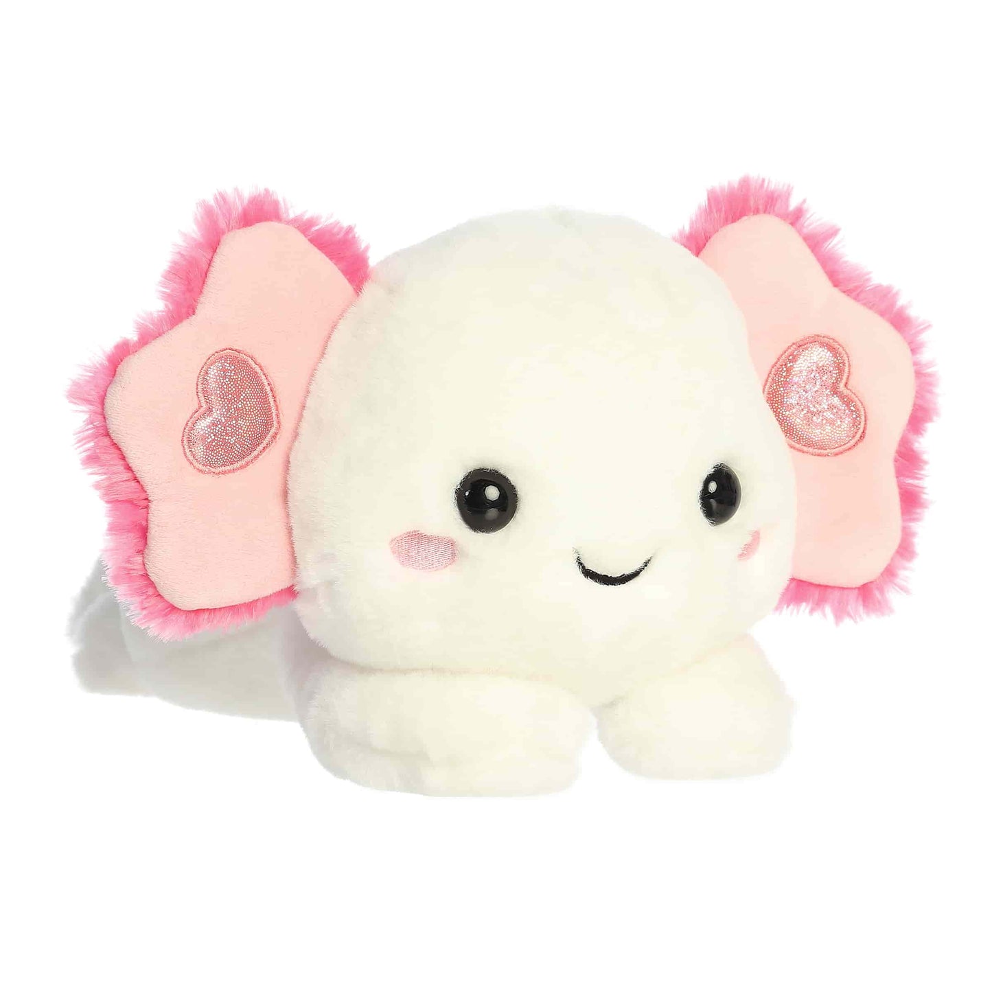 Product view of Aurora Too Cute Anna Axolotl plush, a white axolotl lying down with pink gills featuring sparkly hearts.