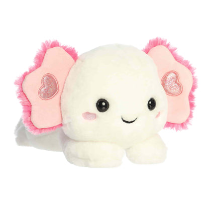 Product view of Aurora Too Cute Anna Axolotl plush, a white axolotl lying down with pink gills featuring sparkly hearts.