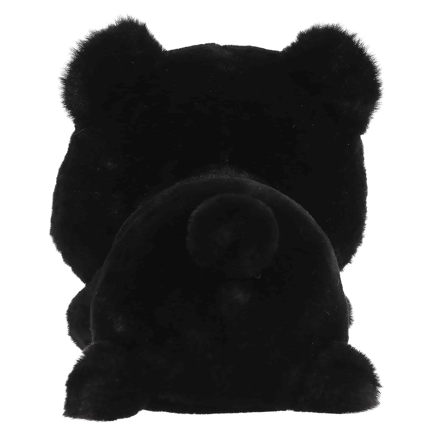 Aurora Too Cute Ben Black Bear plush lying belly-down featuring soft black fur, a tan snout, rosy cheeks, and red buffalo plaid inner ears.