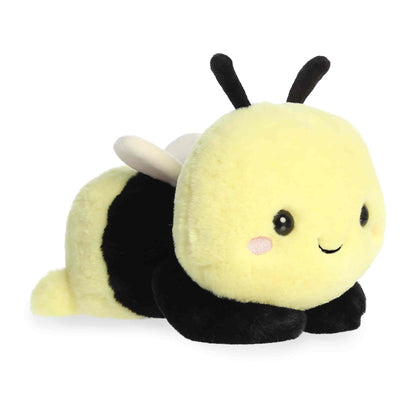 Product view of Aurora Too Cute Bodi Bee plush, a round yellow and black bee lying flat with small white wings.