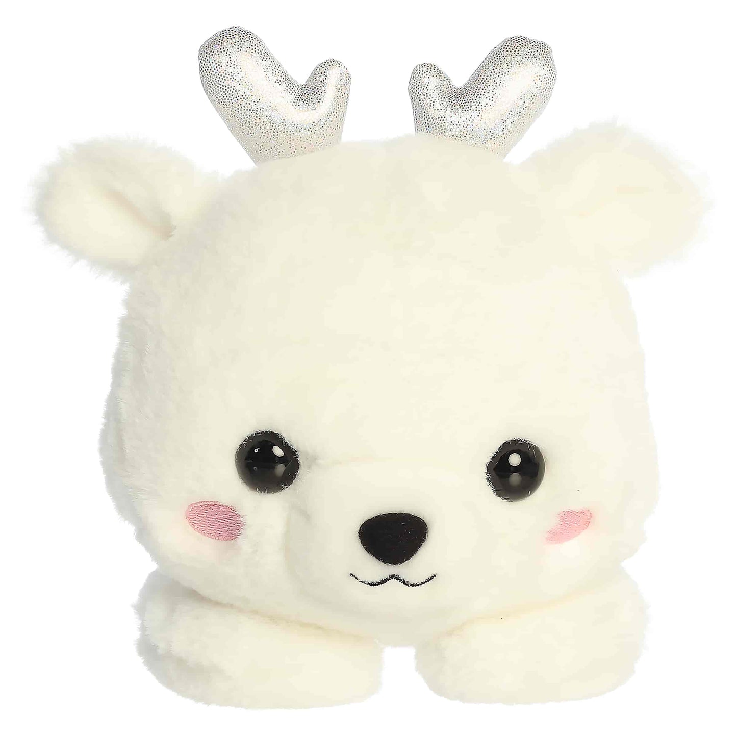 Aurora Too Cute Crystal Deer plush lying belly-down featuring soft snowy white fur, pink cheeks, and shimmering silver ice crystal antlers.